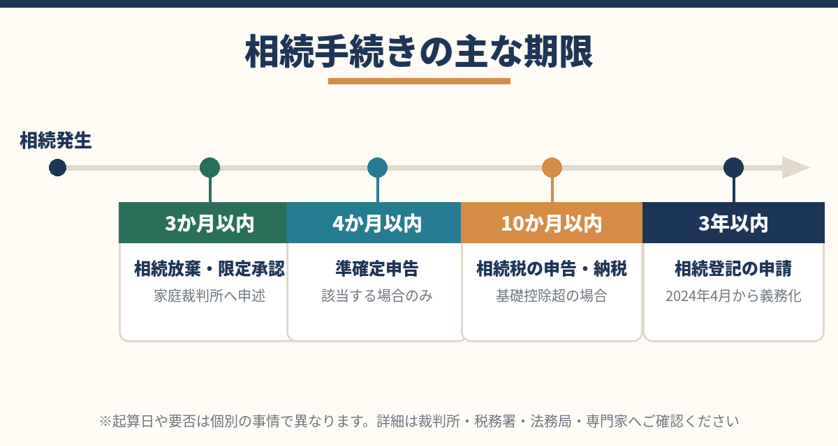 相続手続きの主な期限の一覧|相続放棄3か月・準確定申告4か月・相続税申告10か月・相続登記3年