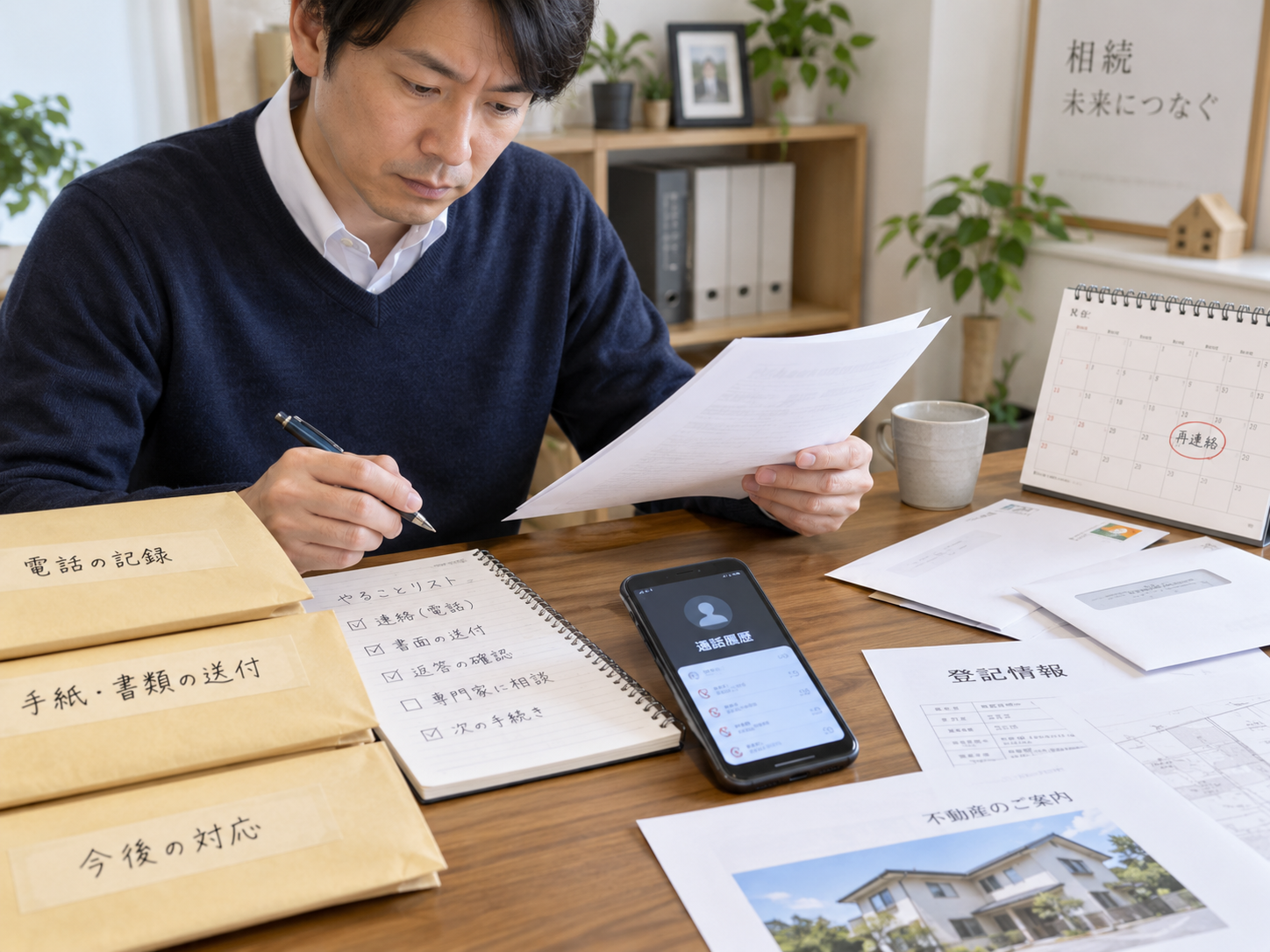 相続人への連絡記録と遺産分割の資料を整理するイメージ