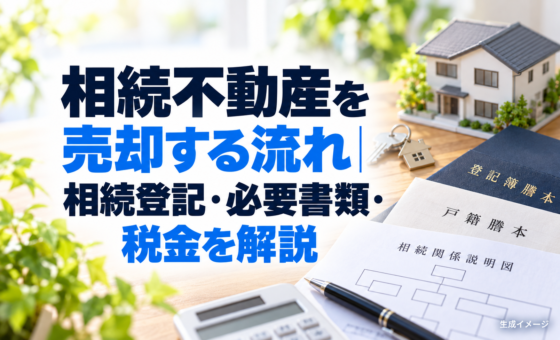相続不動産を売却する流れ｜相続登記・必要書類・税金を解説。説明用の生成イメージで、実在の物件や相談事例を示すものではありません。
