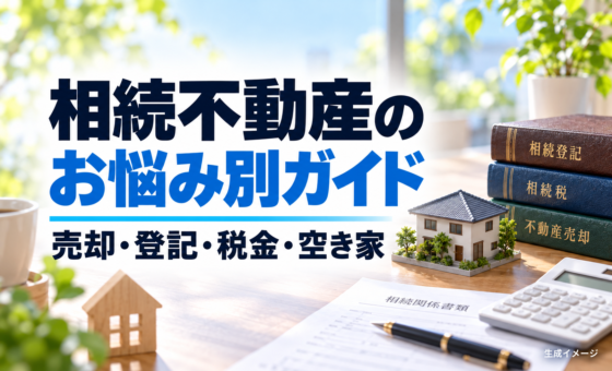 相続不動産のお悩み別ガイド｜売却・登記・税金・空き家。説明用の生成イメージで、実在の物件や相談事例を示すものではありません。