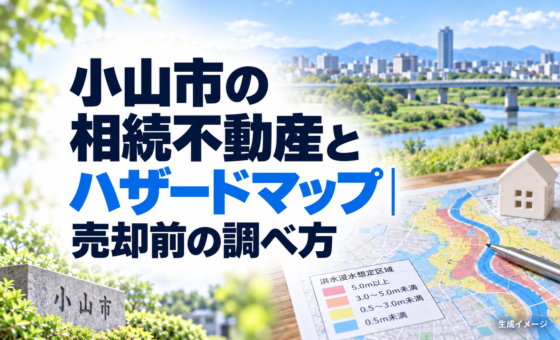 小山市の相続不動産とハザードマップ｜売却前の調べ方。説明用の生成イメージで、実在の物件や相談事例を示すものではありません。
