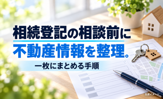 相続登記の相談前に整理すること｜不動産の情報を一枚にまとめる手順。説明用の生成イメージで、実在の物件や相談事例を示すものではありません。
