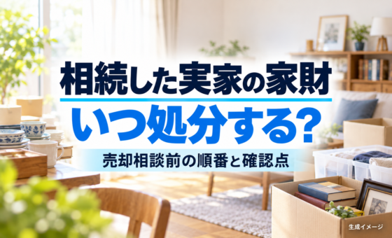 相続した実家の家財はいつ処分する？売却相談前に整理したい順番と確認点。説明用の生成イメージで、実在の物件や相談事例を示すものではありません。