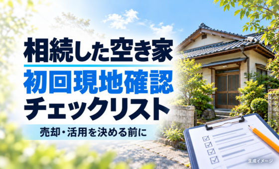 相続した空き家の初回現地確認チェックリスト。説明用の生成イメージで、実在の物件や点検結果を示すものではありません。