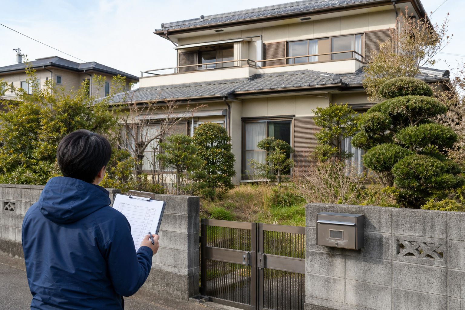 相続した家の外観を確認する説明用生成画像(実在物件・作業事例の写真ではありません)