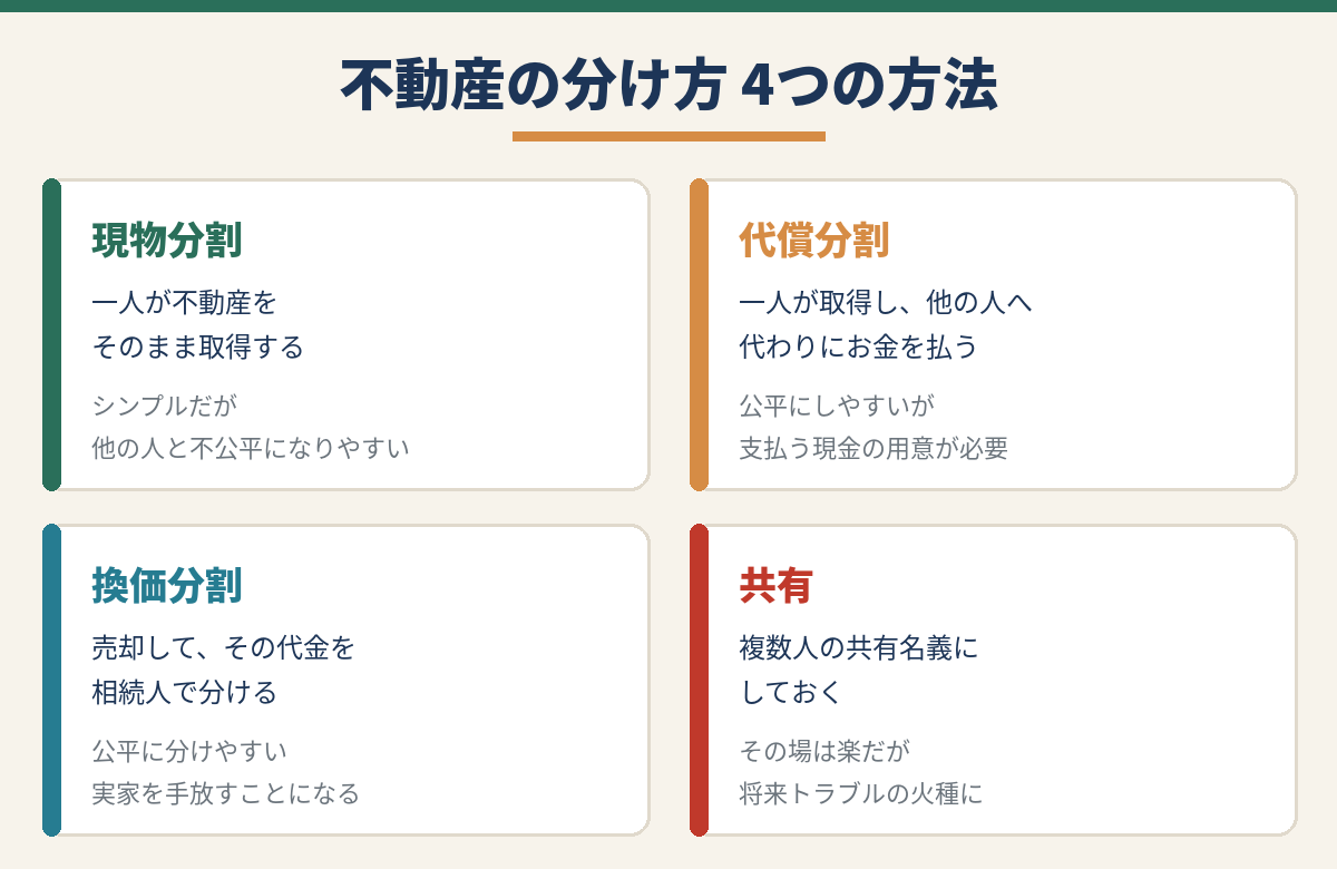 不動産の遺産分割4つの方法｜現物分割・代償分割・換価分割・共有分割