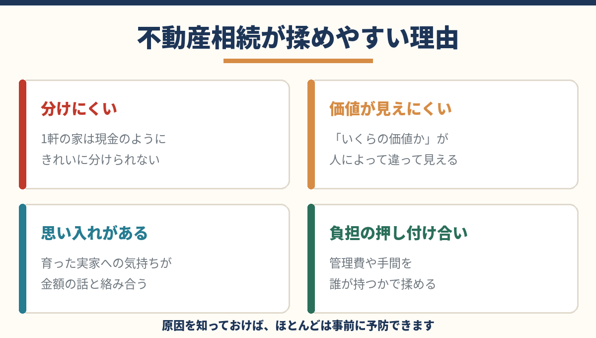 不動産相続が揉めやすい理由|分けにくい・価値が見えにくい・思い入れ・負担の押し付け合い