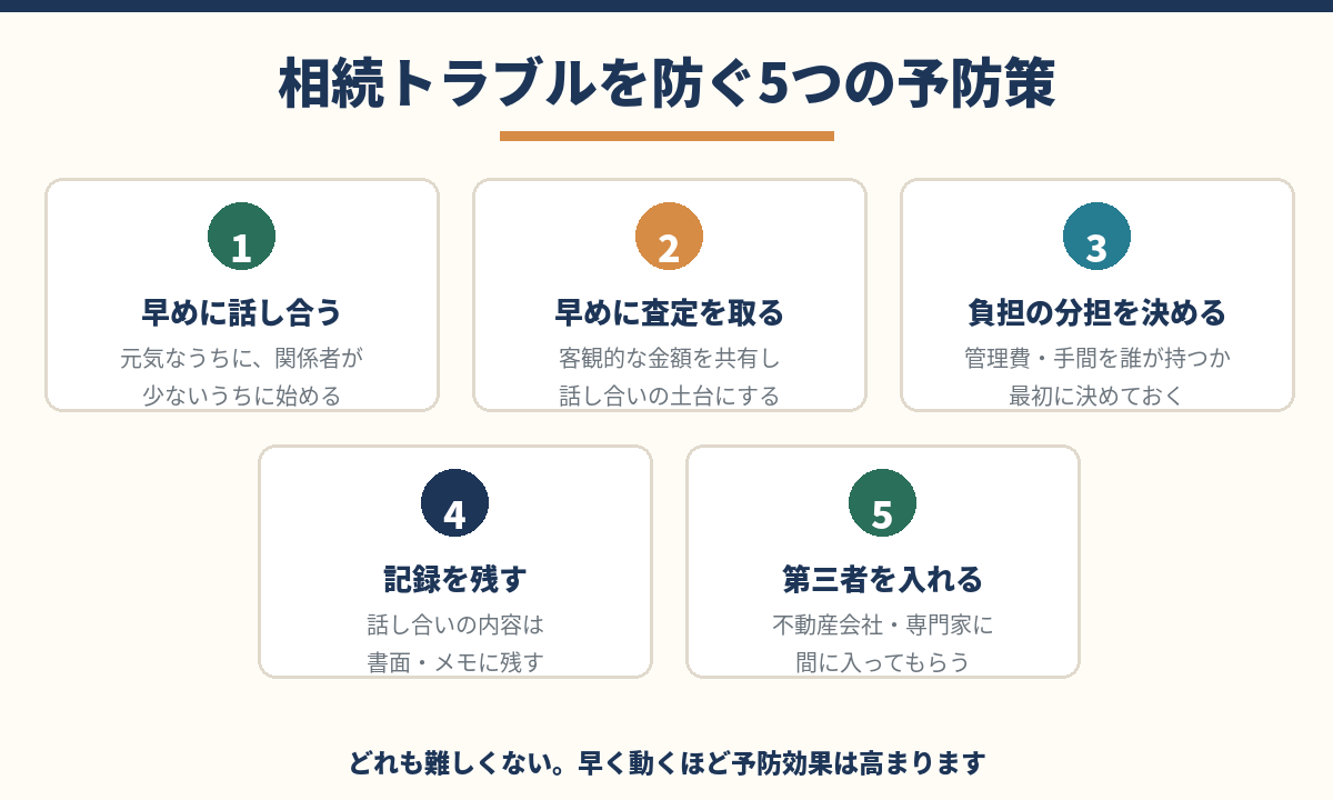 相続トラブルを防ぐ5つの予防策|早めの話し合い・査定・負担の分担・記録・第三者